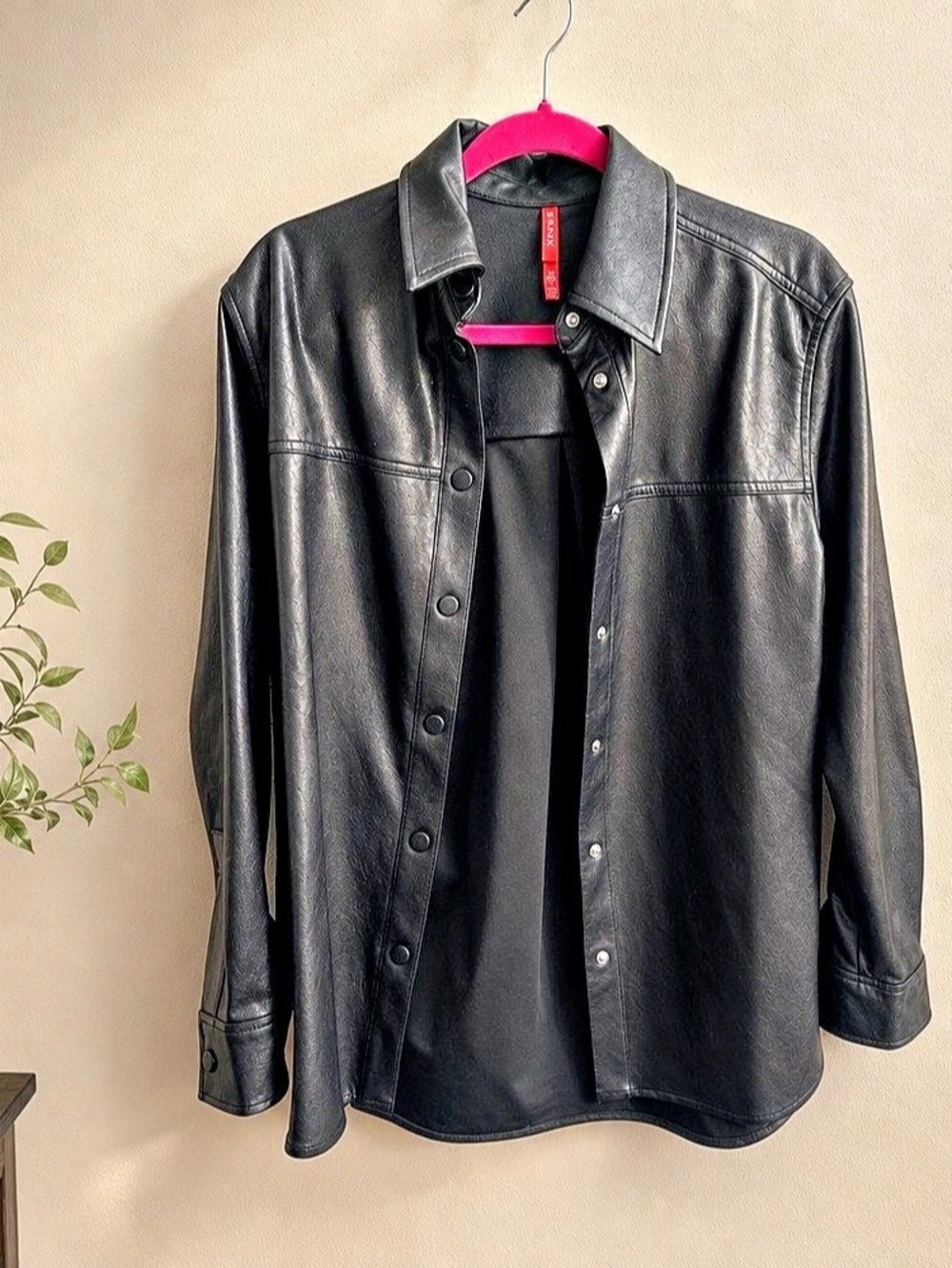 Spanx Faux Leather Button-Front Shirt Jacket Black